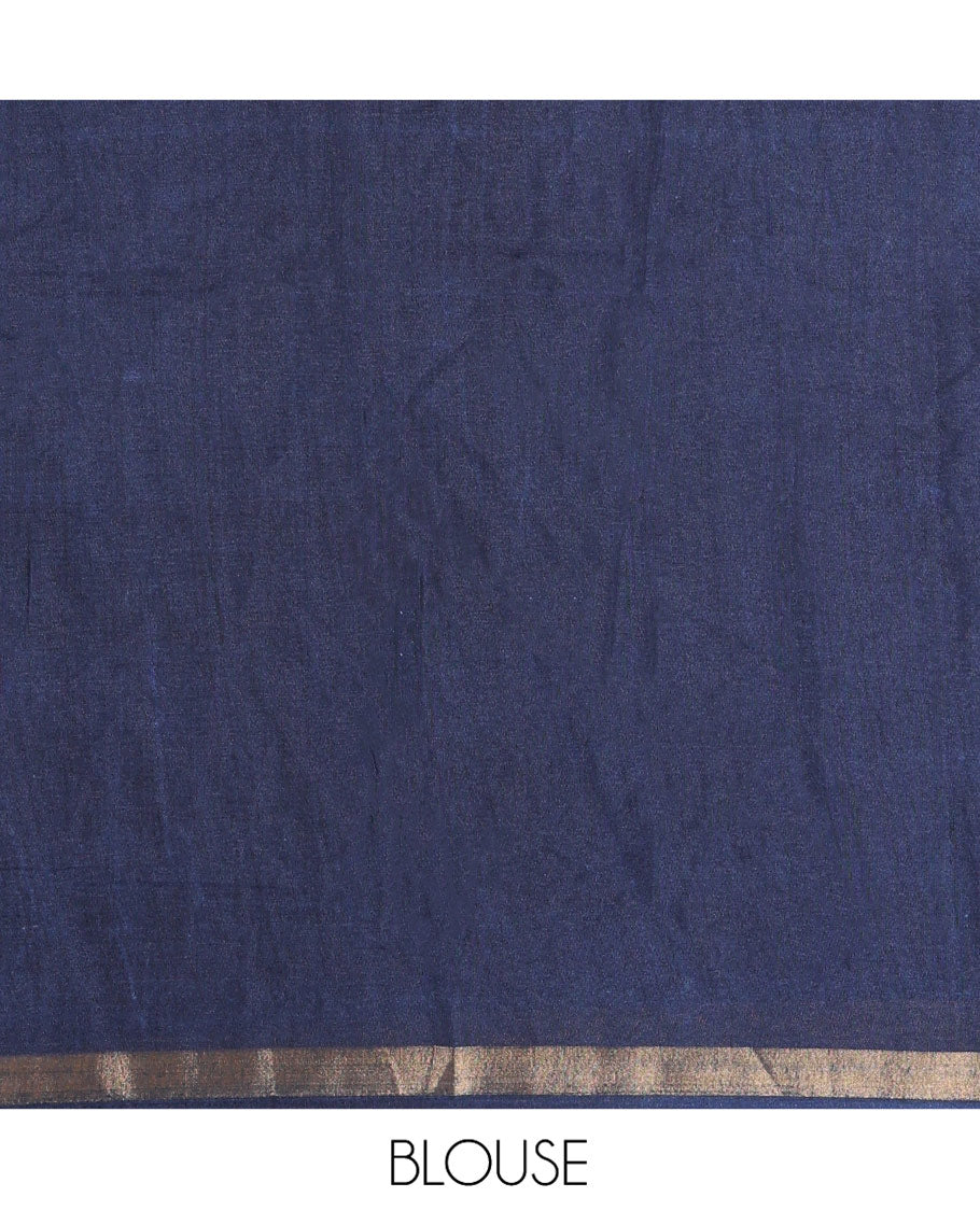 Indigo Blue Muslin Cotton Saree, Artfully Adorned with Village-Themed Agricultural Scene Printed on Its Body, a Subtle Border, Striped Pallu, and Paired with a Matching Blouse