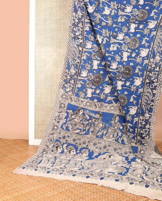 Blue forest theme design machine-printed kalamkari cotton saree with contrast floral design border & pichwai design pallu