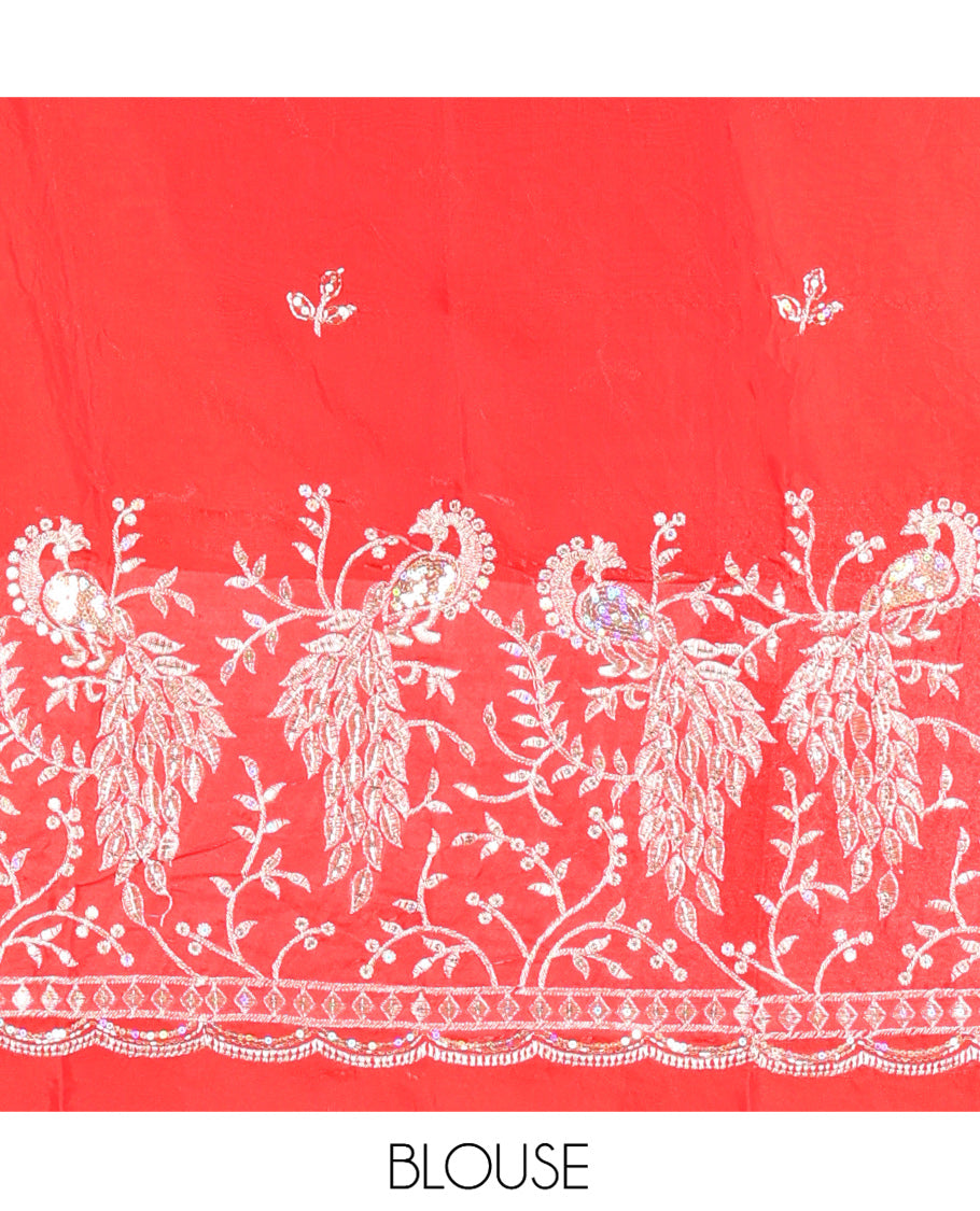 Borderless Red Plain Fendi Chiffon Saree, a Self-Pallu, and a Matching Peacock Embroidered Blouse