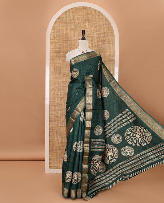 Bottle green shibori printed fancy tussar saree, traditional zari border, shibori printed pallu & matching printed blouse with zari border