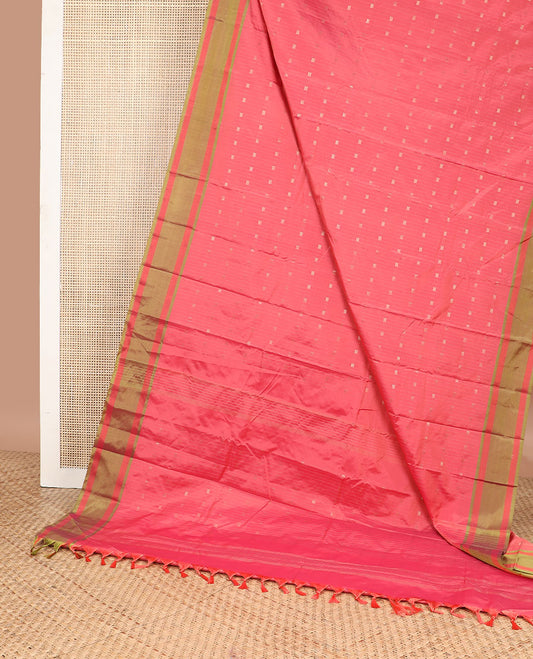 Peach striped, geometric design gift saree with self zari design border & striped pallu