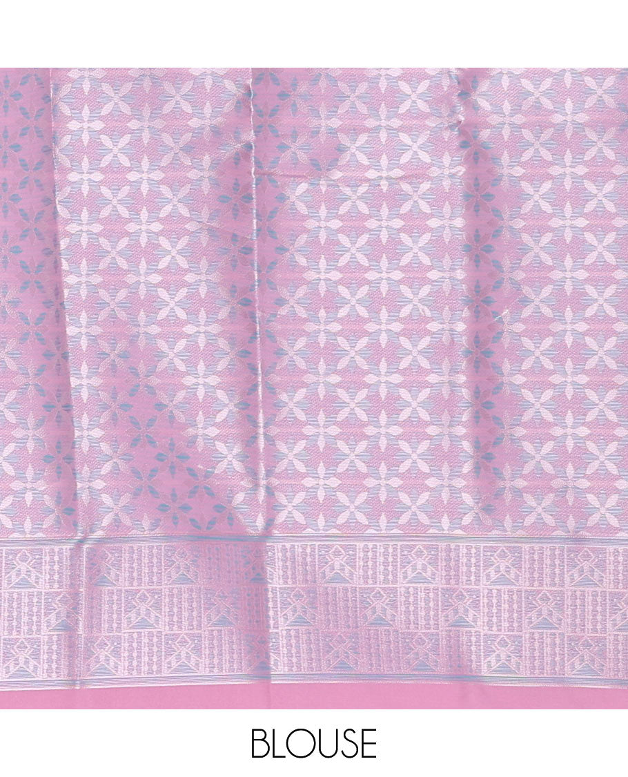 Peach floral printed butter silk saree with self-floral border & intricate design pallu