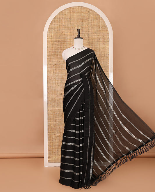 Borderless black horizontal-style stripes foli printed Fendy chiffon saree