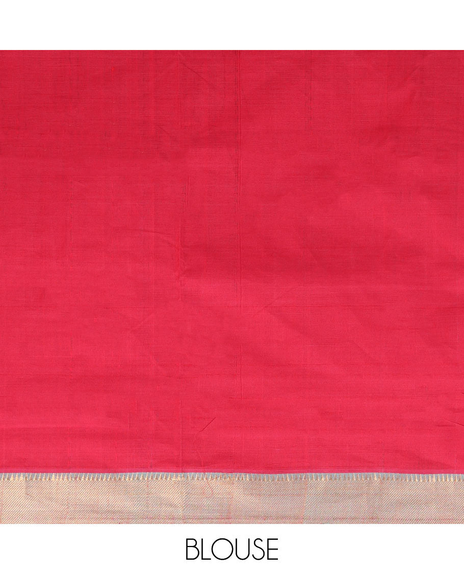 Red Plain Mangalagiri Cotton Saree, Complemented by Contrast Temple Zari Border, Gleaming Zari Pallu, and Paired with a Matching Blouse