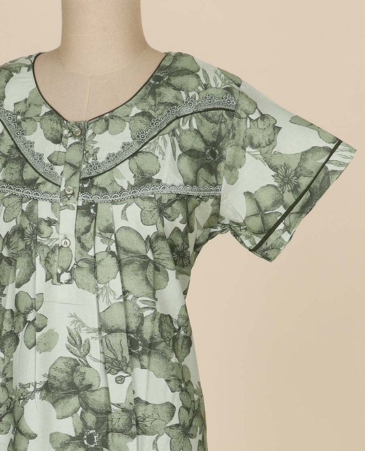 Green floral printed & round neck with lace, cotton half-sleeve nighty