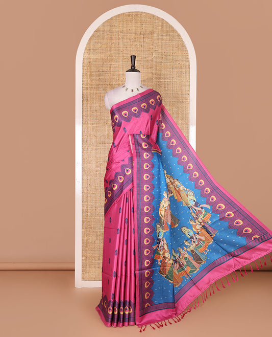 Pink peacock feathers motifs printed katan silk saree, peacock feathers printed border, contrast Radha Krishna stories printed pallu, and contrast printed blouse