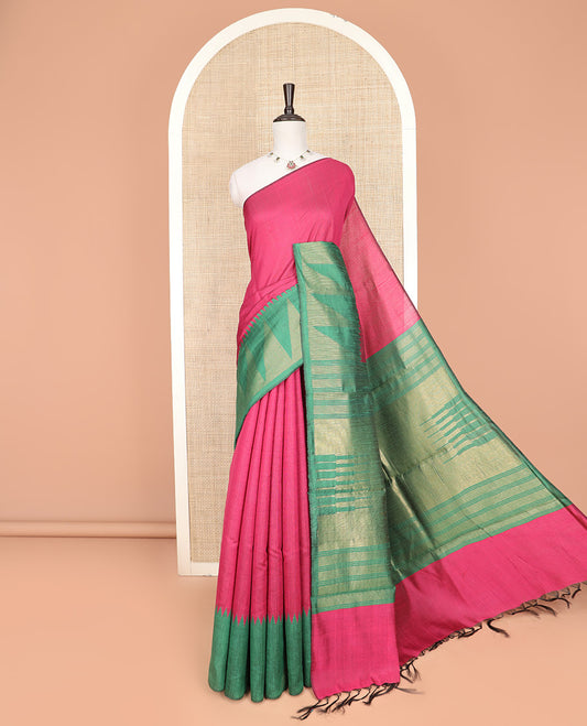 Pink Plain Dupion Silk Saree, Elevated with a One-Sided Contrast Temple Border, Pallu Steeped with Zari Temple Designs, and Paired with a Contrast Blouse