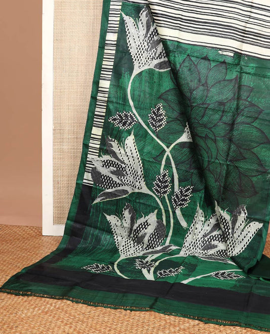 white striped printed silk saree with contrast border & floral design pallu