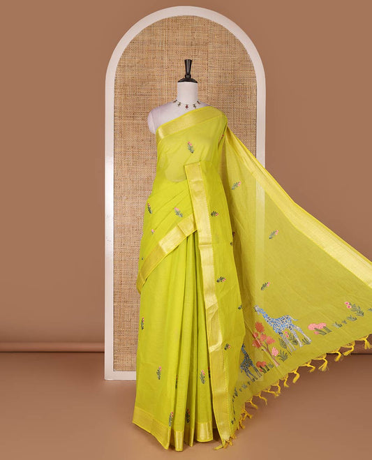 Green floral motifs, thread embroidered mangalagiri cotton saree, traditional zari border, pallu of giraffe, and floral embroidery, and matching blouse