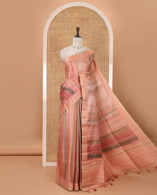 Peach hand brushing-style multi-colored stripes printed fancy tussar silk saree, zari border, self-pallu & blouse of zari work & stripes print