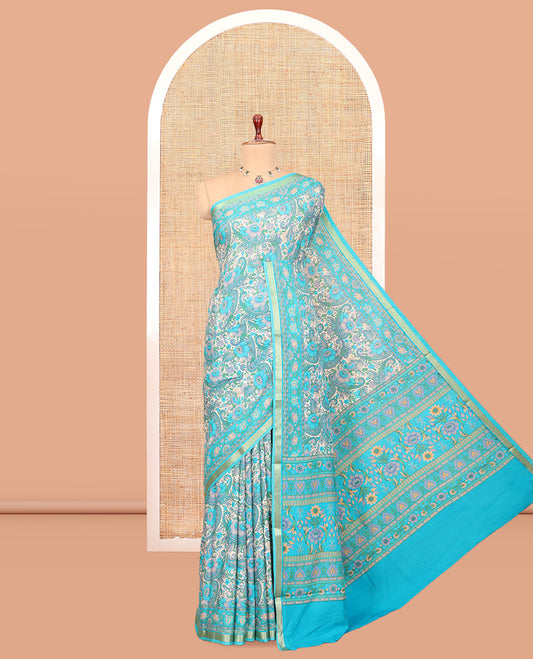 Blue Printed Silk Saree, Accentuated with Paisley Print, a Piping Border, Paisley Pallu, Matching Blouse