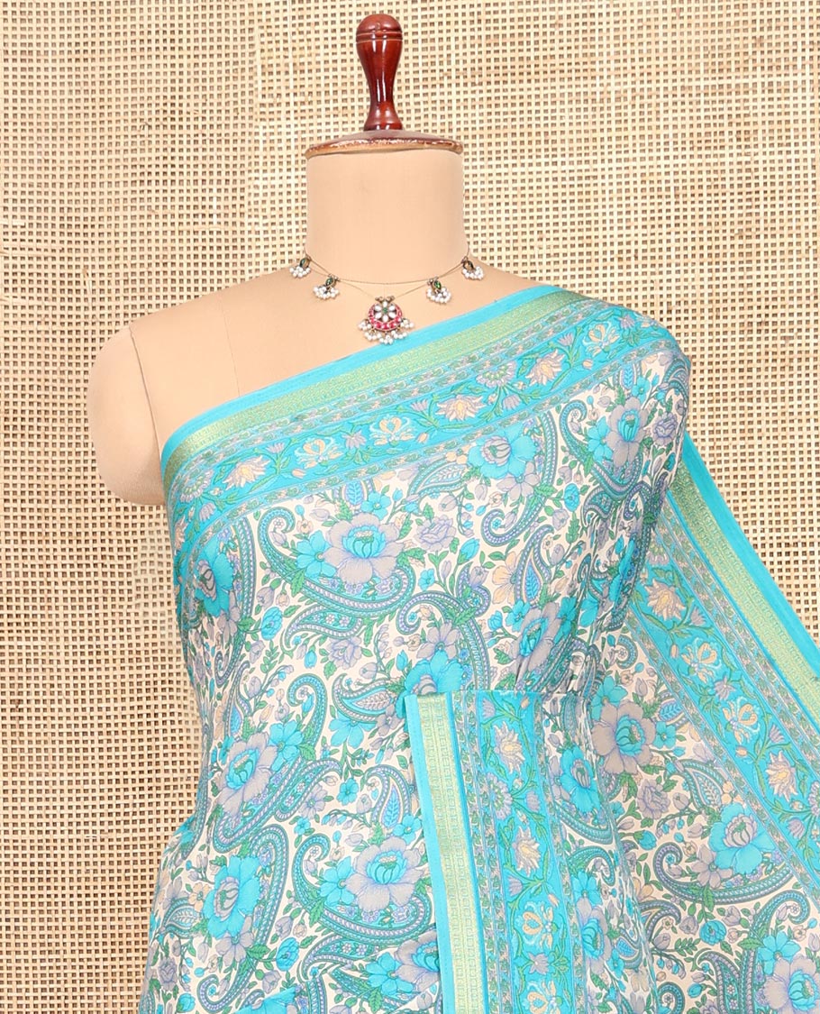 Blue Printed Silk Saree, Accentuated with Paisley Print, a Piping Border, Paisley Pallu, Matching Blouse