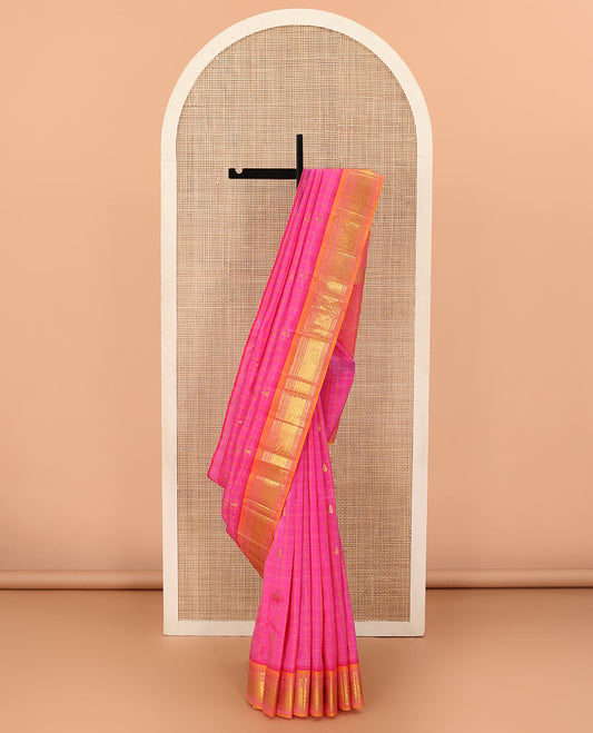 Pink checked and zari buttas Kanchipuram silk saree, contrast one-sided border of paneer sombu, banaras, muthu, and jaal design, and zari design pallu