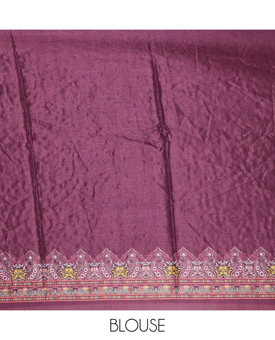Purple geometric patterns kaleidoscope-colored printed & mirror embroidered half-&-half masakali saree, printed border & pallu of  embroidery work & plain blouse
