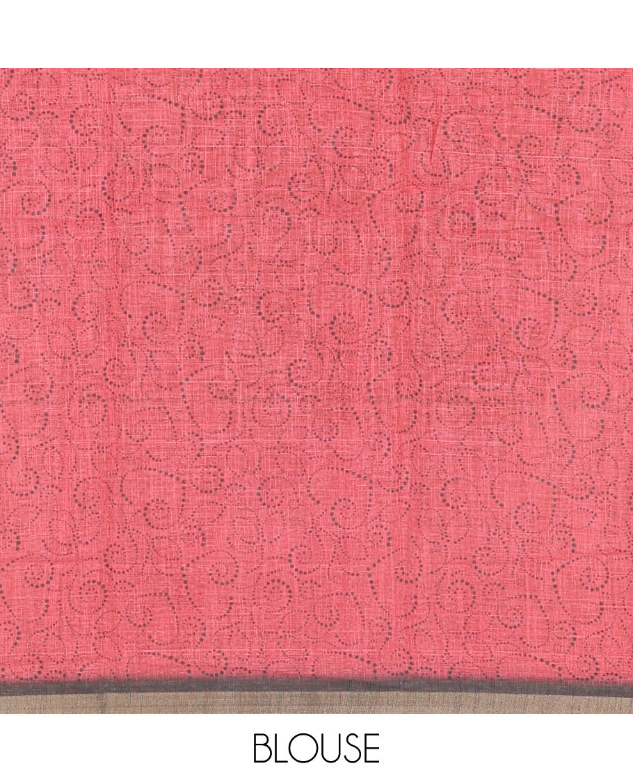 White cute elephant motifs printed linen cotton saree, contrast chevron border, pallu of stripes and chevron, and contrast printed blouse