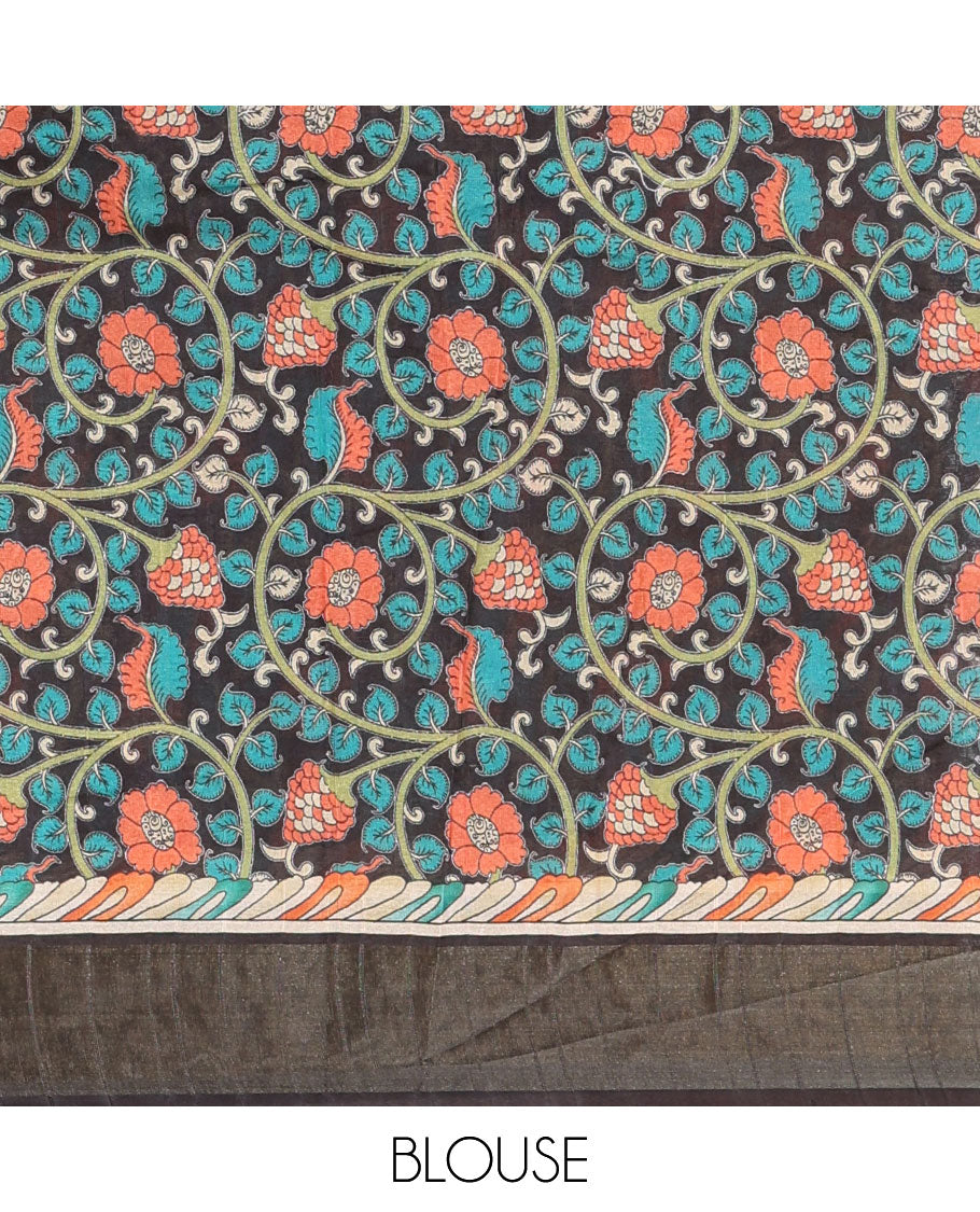 Sandal shibori-style printed soft-tussar saree, contrast zari border, kalamkari peacock printed pallu & kalamkari floral vine print contrast blouse