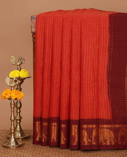 Rust zari checked sungudi cotton saree, contrast temple & elephant motifs border, zari striped pallu & zari design contrast blouse