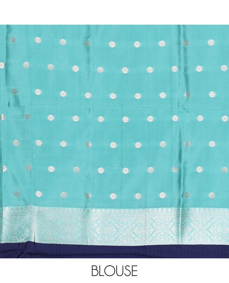 Navy blue-turquoise floral buttas elite soft silk saree, contrast floral buttas border, and pallu of Mughal-style intricate zari designs