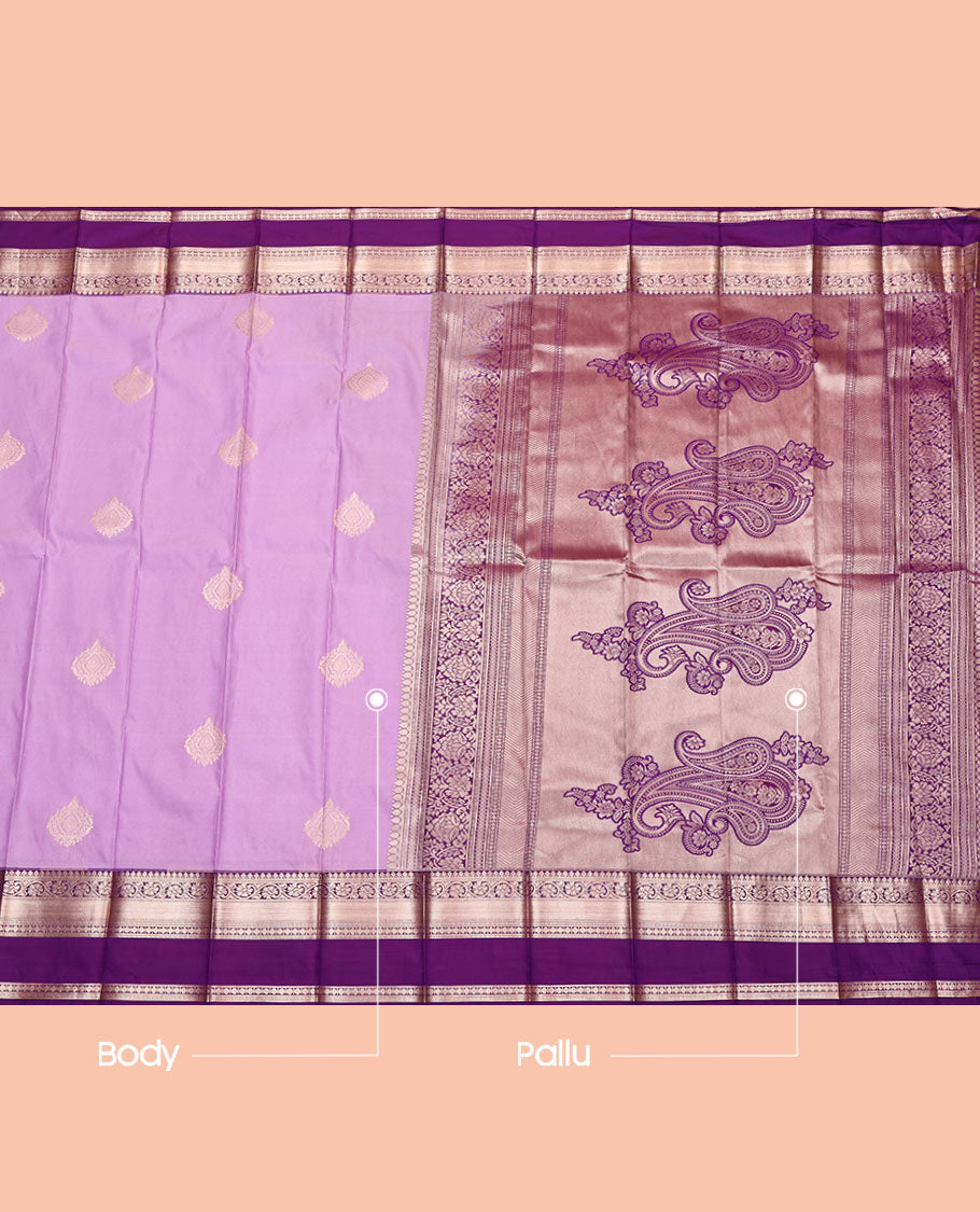 Lavender Budget Silk Saree, Bedecked with Zari Buttas, Complemented by a Contrast Traditional Zari Rettai Pettu Border, Pallu of Paisleys, and a Contrast Blouse