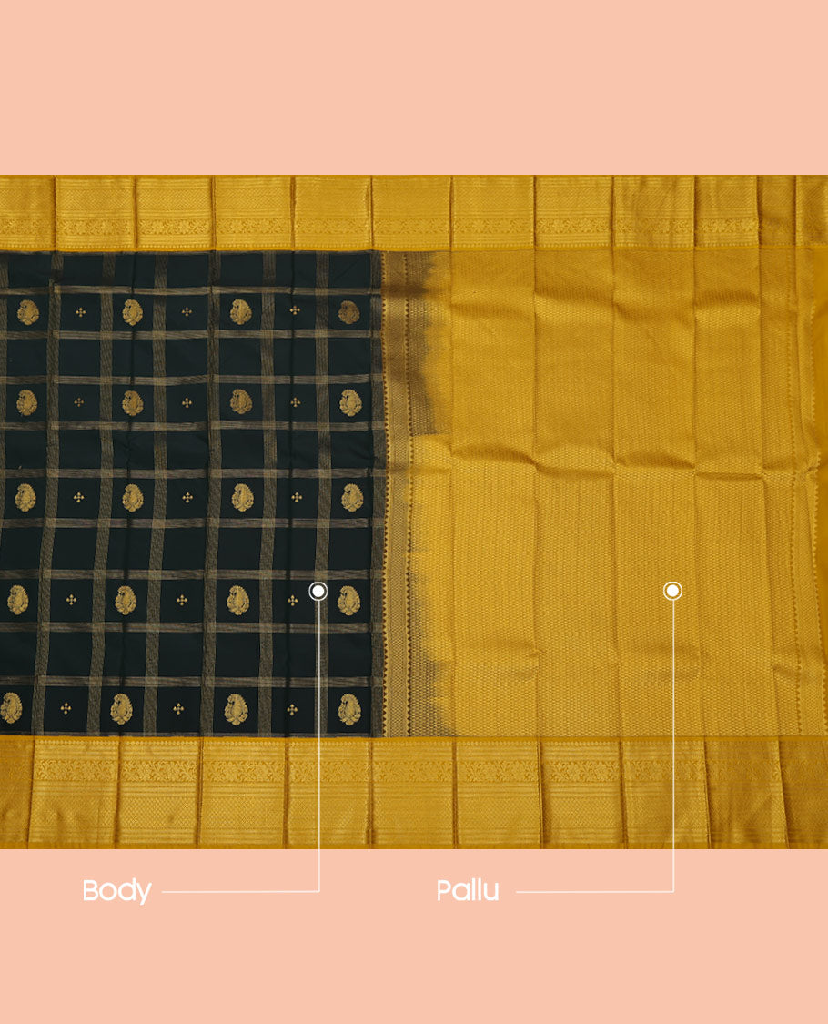 Green Budget Silk Saree, Featuring Zari Butta Enclosed Checks on Its Body, Complemented by a Contrast Traditional Zari Design Border, Sparsely Woven Pallu, and Paired with a Contrast Blouse