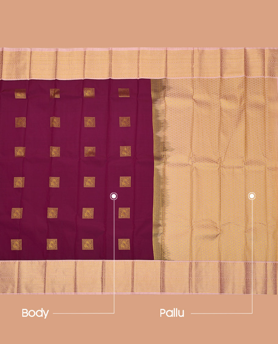 Wine Budget Silk Saree, Spotlighted with Zari Buttas, Complemented by a Contrast Traditional Zari Design Border, Grand Jaal Pallu, and a Contrast Blouse