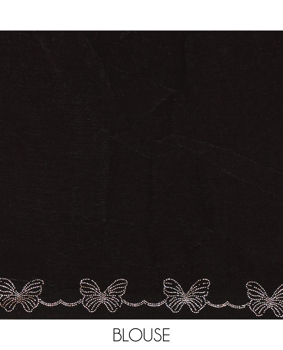 Black full-plain Fendi chiffon saree, scallop butterfly-style Swarovski stone work border & stone work matching blouse