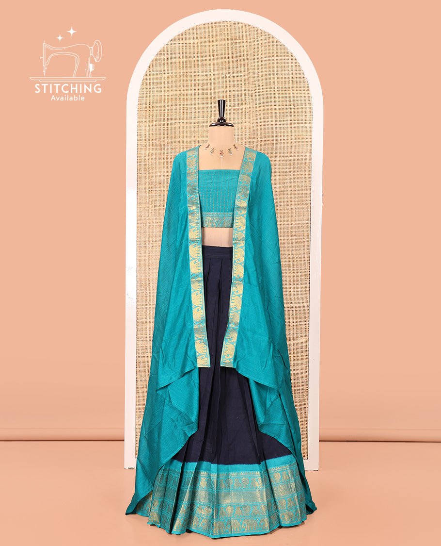 Blue and Green Plain Sungudi Cotton Half-saree, Complemented by Captivating Contrast Traditional Zari Border of Temple, Peacock, and Elephant Designs, Paired with a Contrast Zari Checked Blouse, and Comes with a Zari-Bordered Vichitra Silk Dhavani