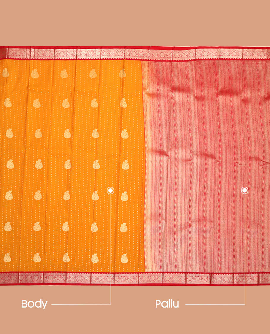 Orange Budget Silk Saree, Woven with Zari Buttas All Over Its Body, Complemented by a Contrast Peacock Zari Design Border, Geometric Patterned Pallu, and Paired with a Contrast Blouse