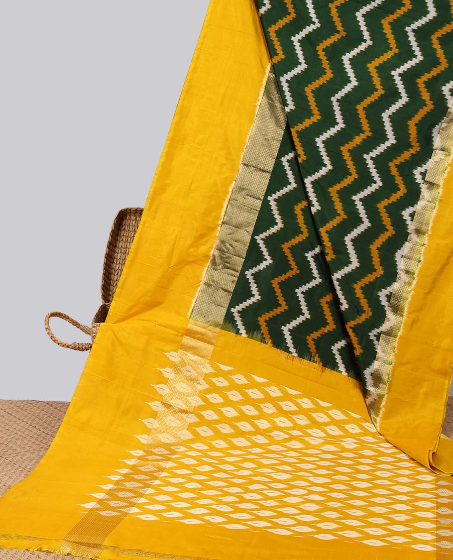 Green striped ikkat silk saree with contrast zari border & ogee design pallu