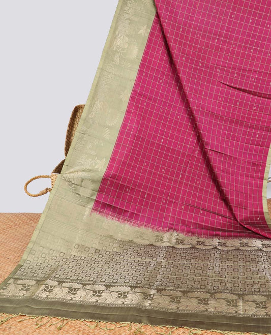 Red checked soft silk saree with contrast floral zari border & checkered design pallu