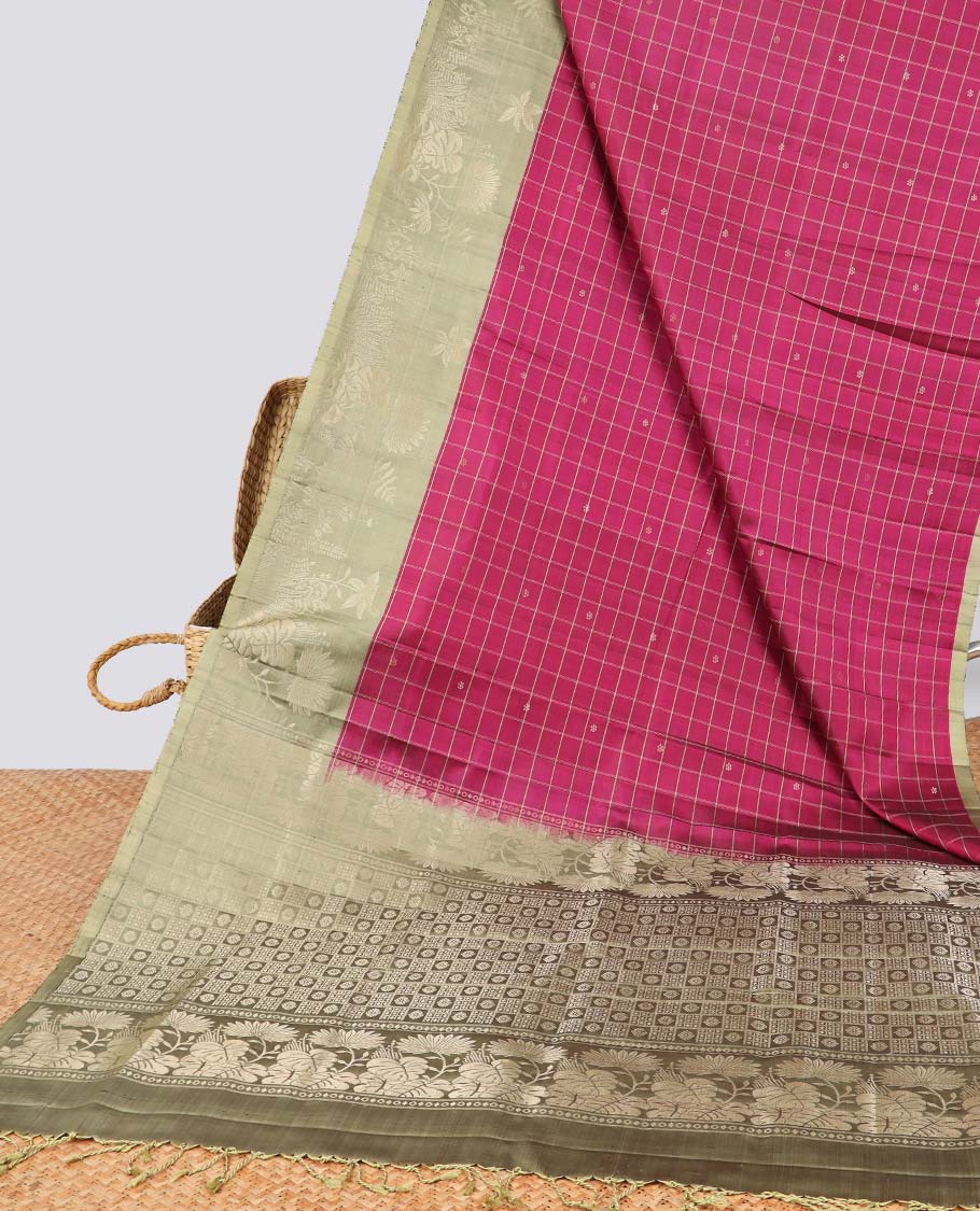 Red checked soft silk saree with contrast floral zari border & checkered design pallu