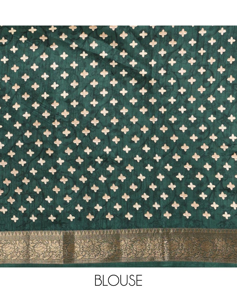 Bottle green shibori printed fancy tussar saree, traditional zari border, shibori printed pallu & matching printed blouse with zari border