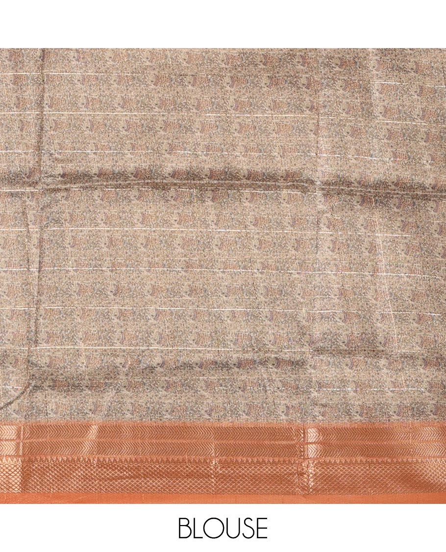 Orange-ombre zari checked tissue saree, gold zari design border, Madhubani-style digital printed pallu & Madhubani printed blouse