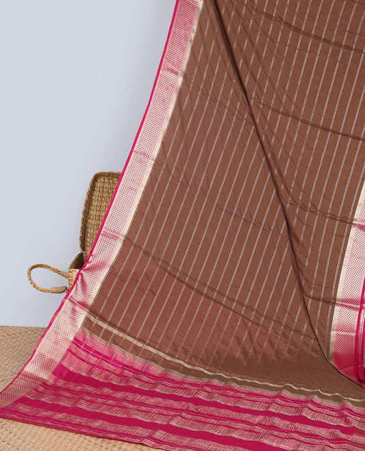 brown striped art mysore silk saree with contrast zari design border & striped zari pallu