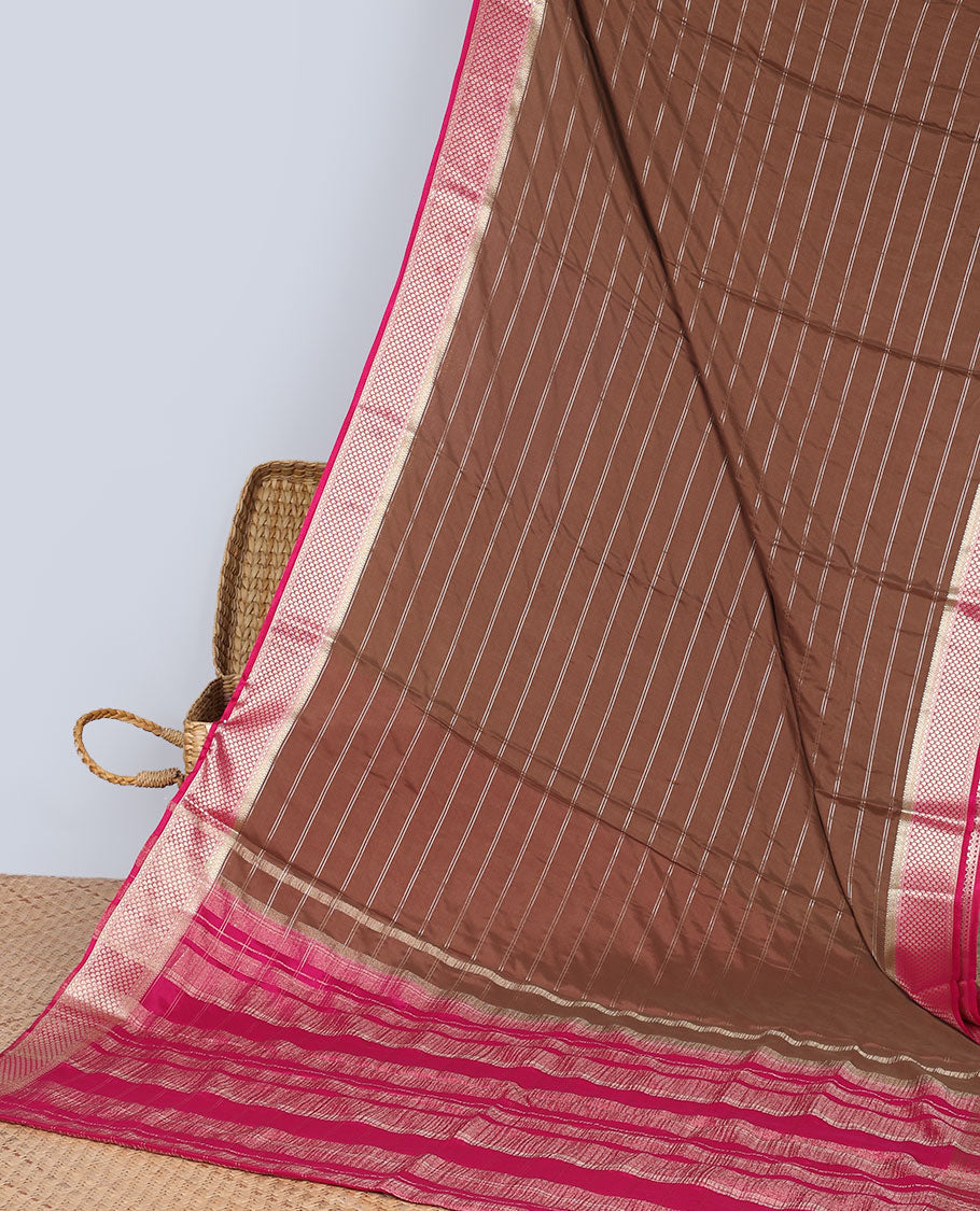 brown striped art mysore silk saree with contrast zari design border & striped zari pallu