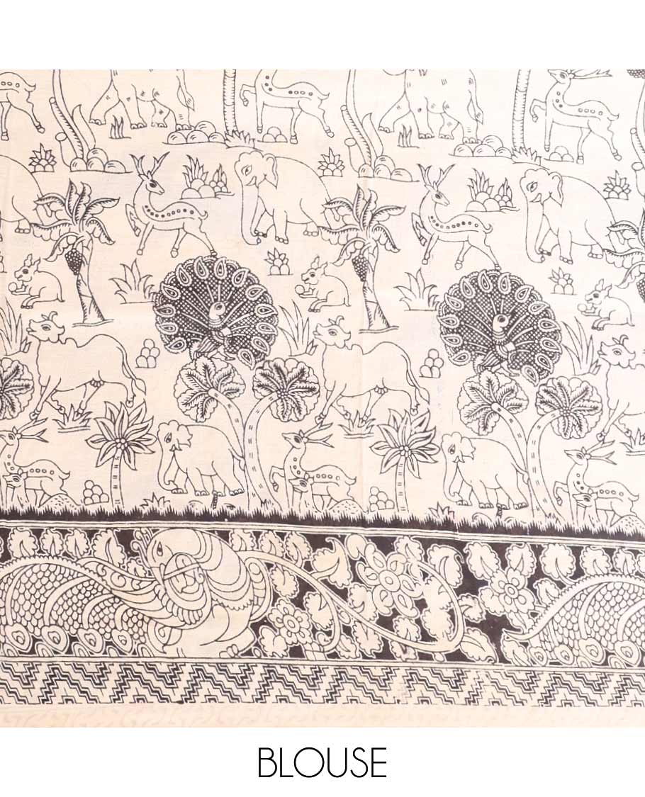 Blue forest theme design machine-printed kalamkari cotton saree with contrast floral design border & pichwai design pallu