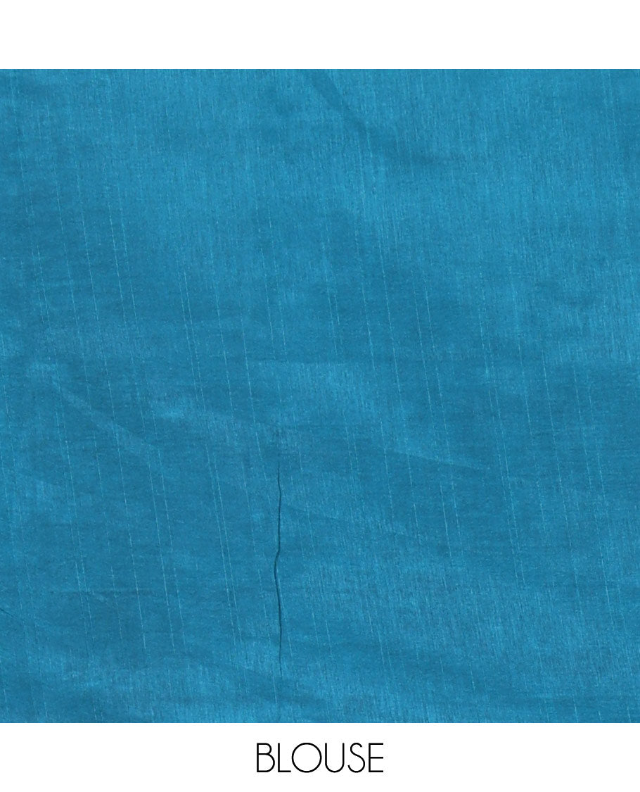 Chikku color swastika & Hindi typography printed jute cotton saree, contrast printed border, printed pallu & plain blue blouse