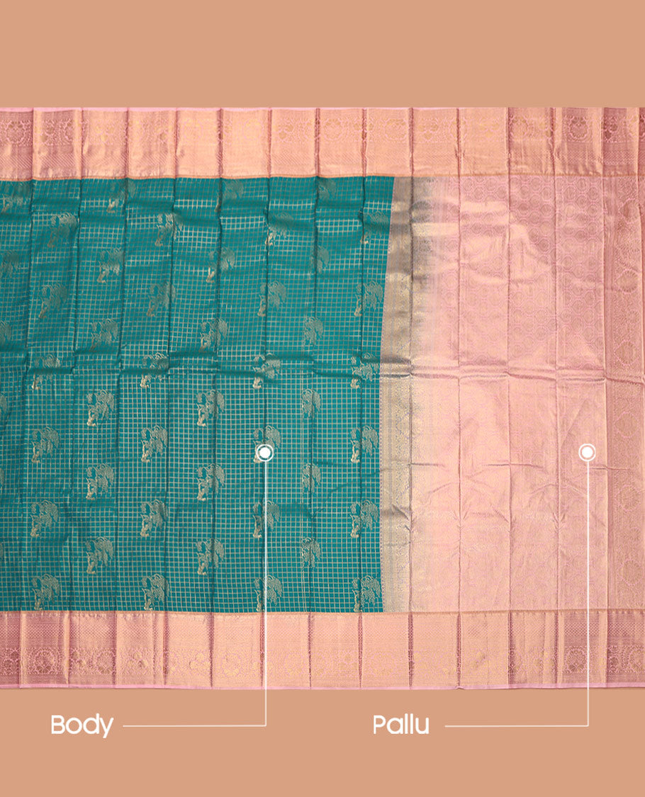 Green Budget Silk Saree, Elevated with Zari Buttas and Checks, Complemented by Contrast Traditional Zari Border, Intricate Pallu, and Contrast Blouse