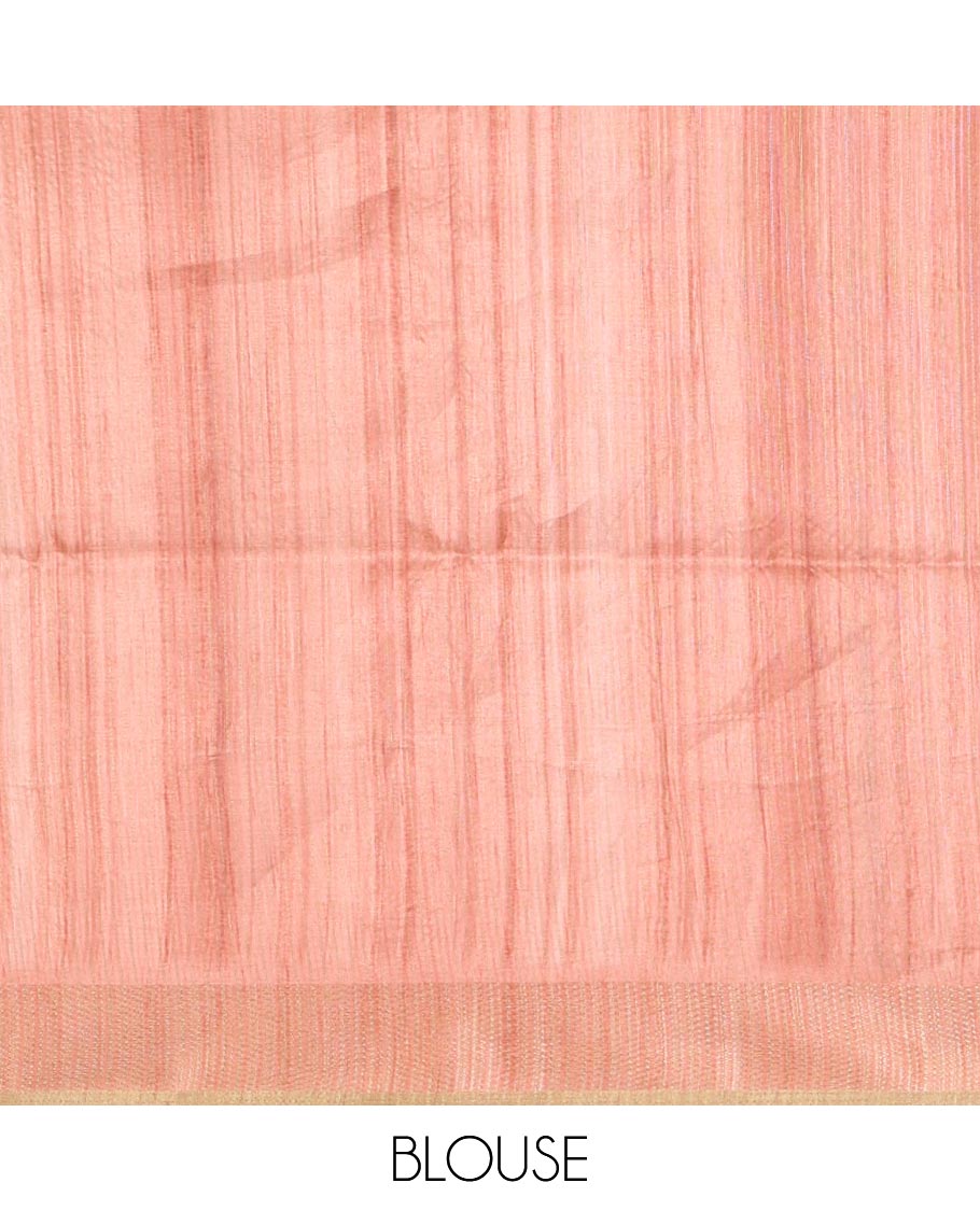 Peach hand brushing-style multi-colored stripes printed fancy tussar silk saree, zari border, self-pallu & blouse of zari work & stripes print