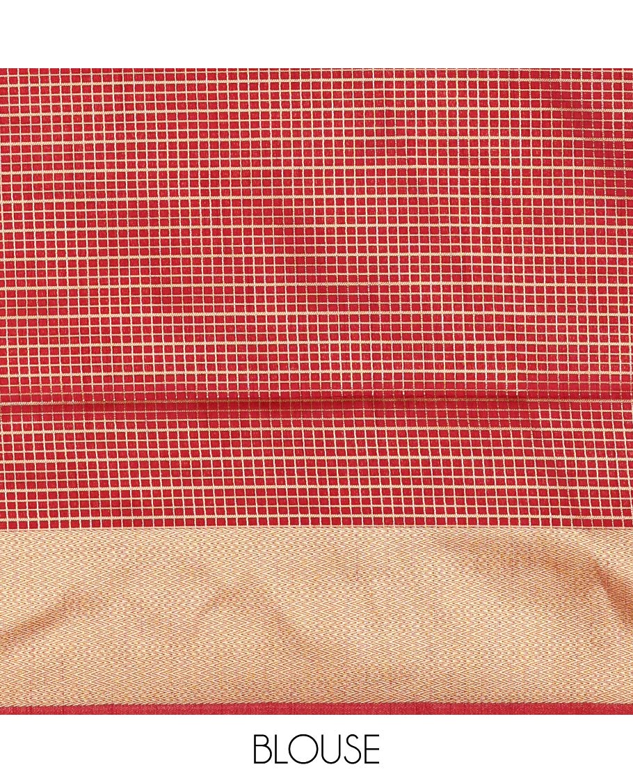 Dark pink zari buttas dola silk saree, vanki zari border, checked blouse & pallu of iruthalai pakshi, kuthirai, kili & yaanai designs