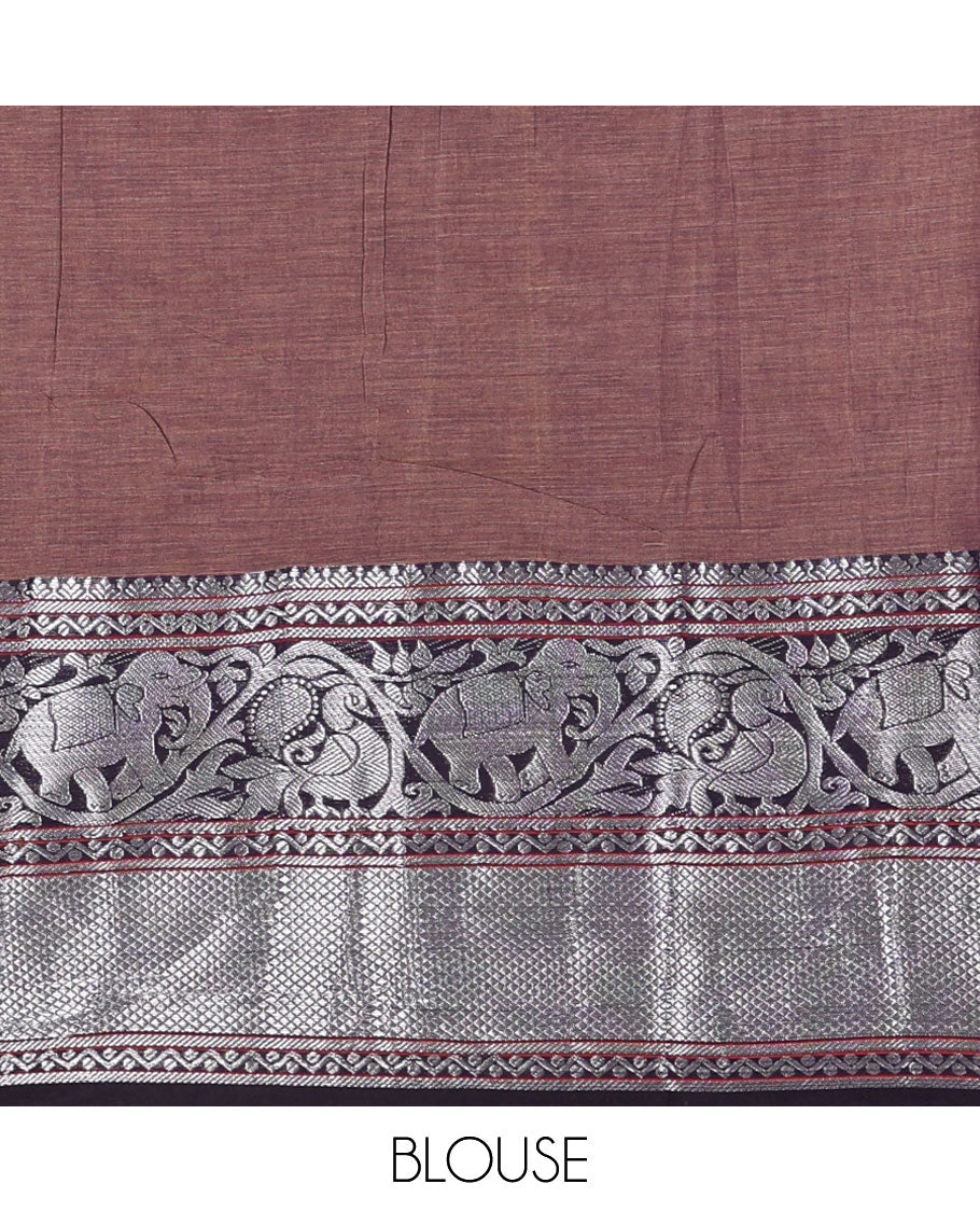 Lavender plain mercerised cotton saree, contrast traditional zari border of elephant and peacock designs, striped pallu, and plain blouse