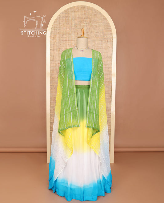 Multi-color half saree with contrast border, plain blouse & striped dhavani
