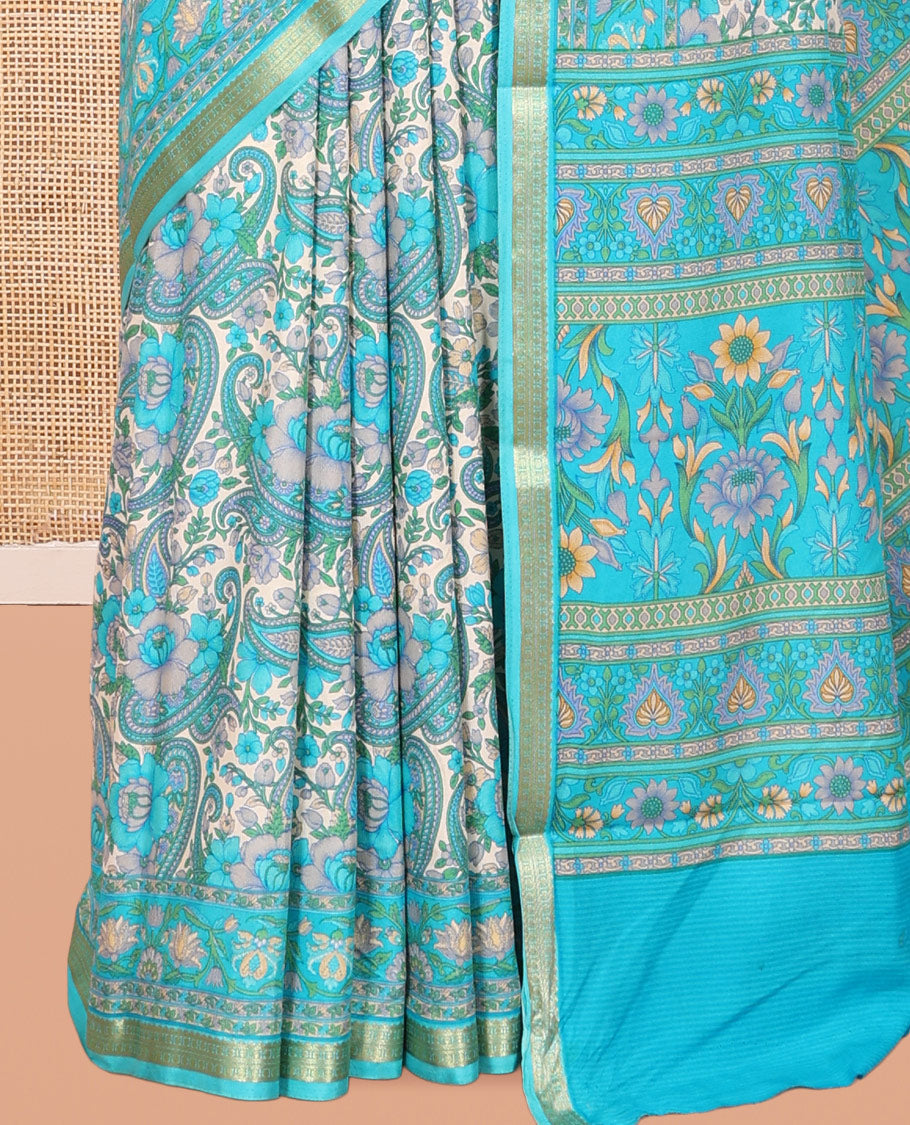 Blue Printed Silk Saree, Accentuated with Paisley Print, a Piping Border, Paisley Pallu, Matching Blouse