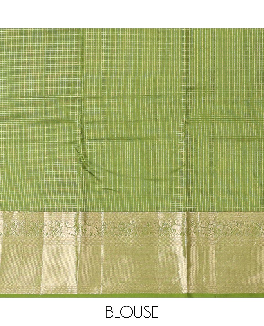 Green checked  silk saree with self traditional zari border & intricate zari design pallu