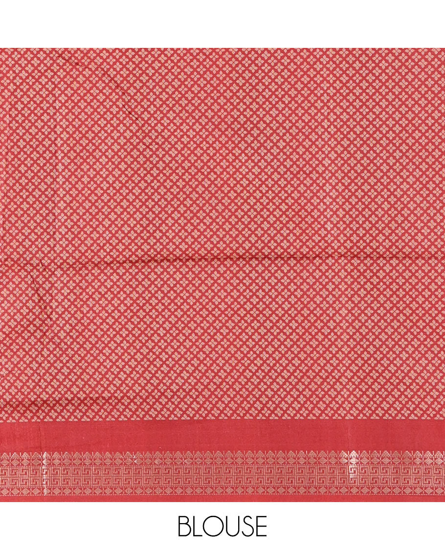 Steel grey floral, manga and striped katan silk saree, contrast rettai pettu temple border of diamond and Greek key design, jaal pallu, and contrast printed blouse