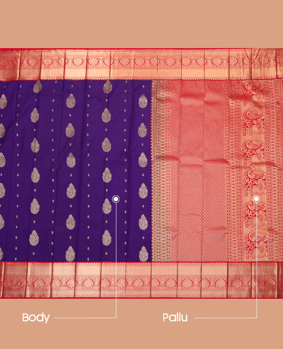 Violet Budget Silk Saree, Detailed with Zari Buttas, Complemented by a Contrast Traditional Zari Border, Grand Jaal Pallu, and Contrast Blouse