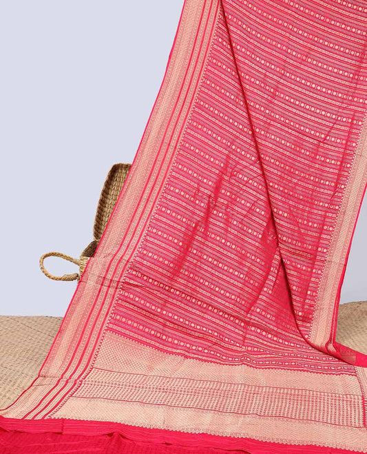 Red geometric semi-banaras dola silk saree with self zari border & argyle pattern, geometric design pallu