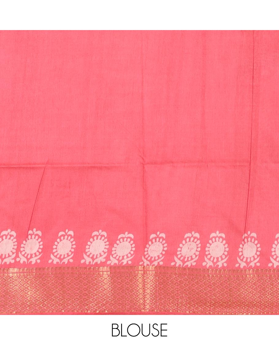 Grey batik printed Bhagalpuri cotton saree, contrast gold zari diamond-patterned border, printed pallu & pink blouse of print & zari work
