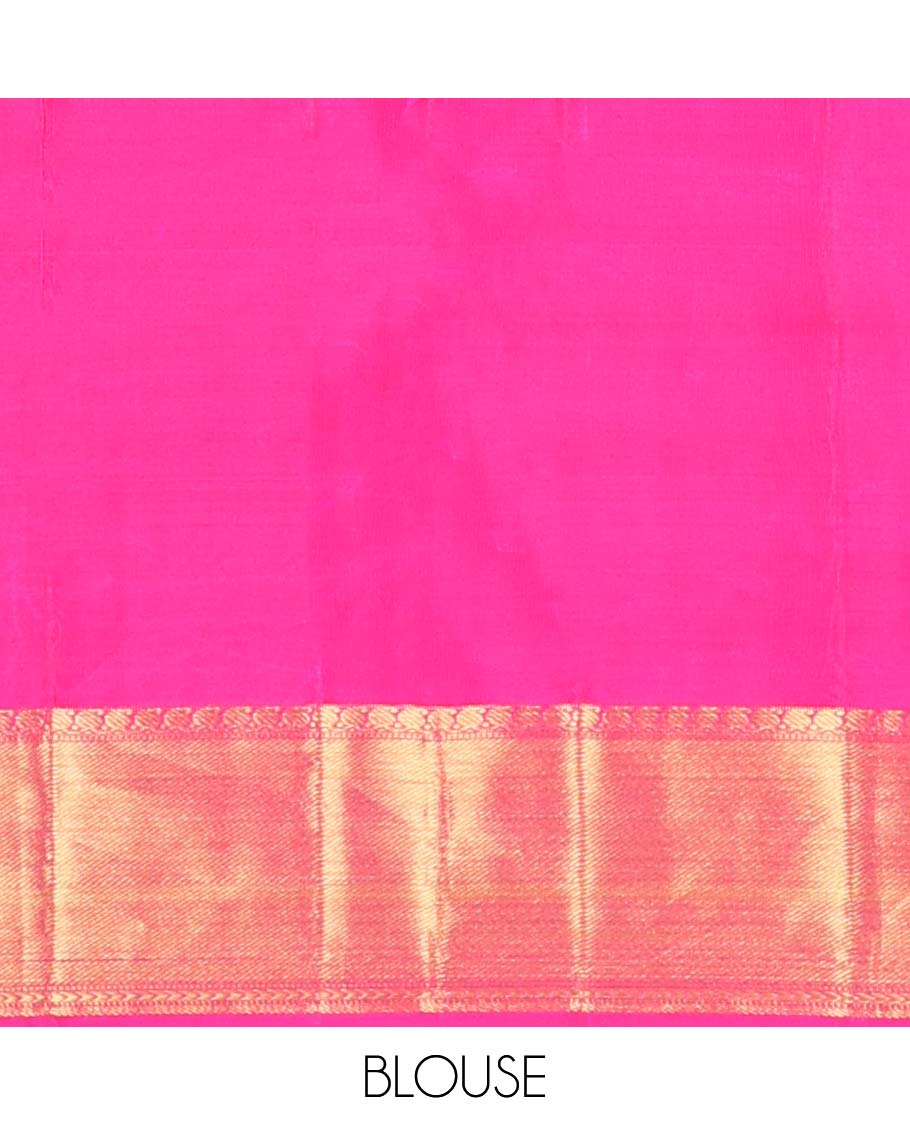 Pink checked design kancheepuram silk saree with self zari design border & floral zari design pallu