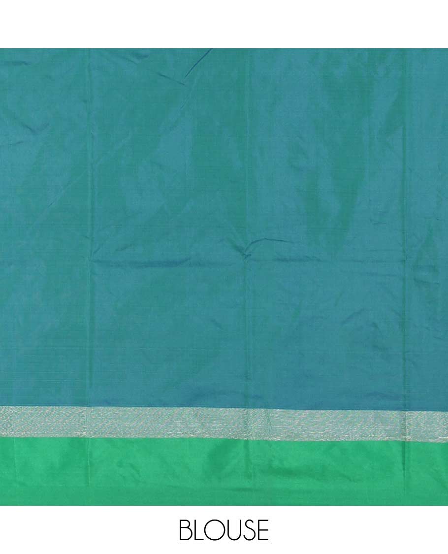 Royal blue-green plus-shaped buttas steeped semi-soft silk saree, contrast satin border of stripes, striped pallu, and contrast blouse